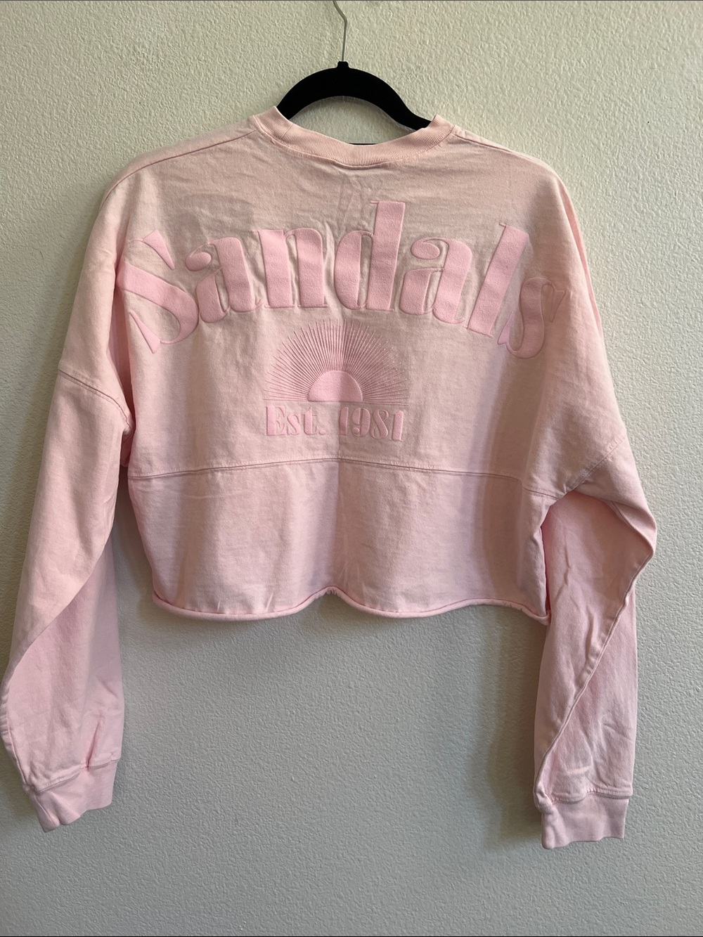 SPIRIT JERSEY Cropped Oversized Raw Hem Sweatshirt "Sandals" Puff Graphic Pink S